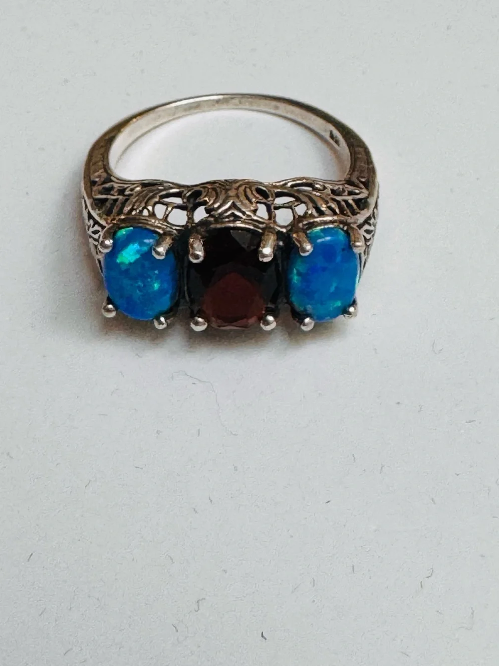 Sterling Silver Ring 3 Stones; 2 Blue Opal and Garnet Accent 925 Stamped